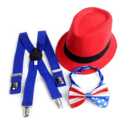 Blue & Red Stars & Stripes 4th Of July  Suspenders  Fedora Hats & Bow (FOJ1706)  eb-32745689